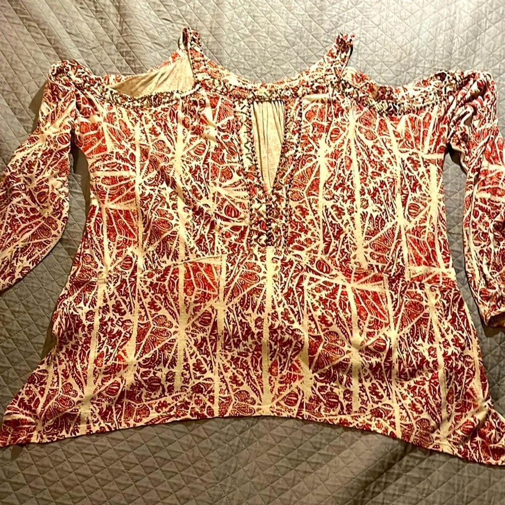 Free People Cold Shoulder Beaded Top Half Sleeves
